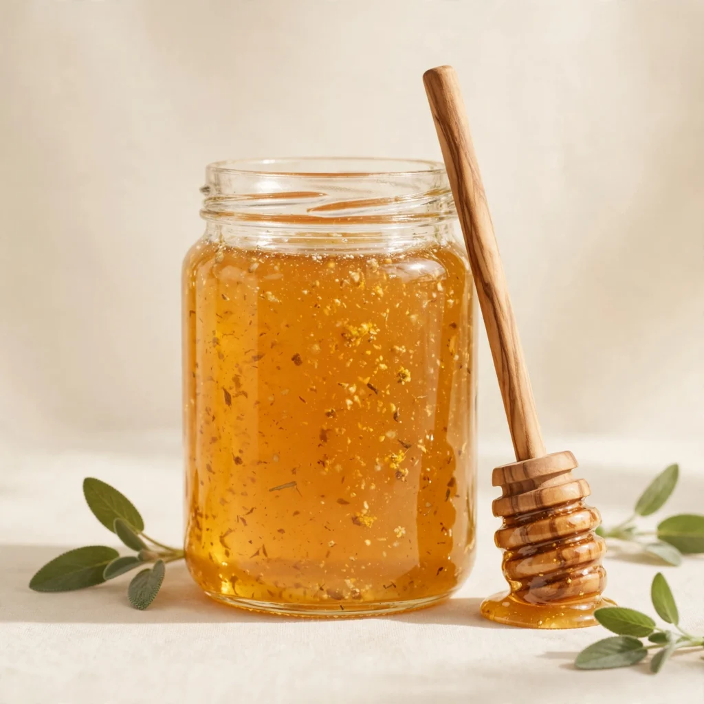 Jar of golden raw wildflower honey with honey dipper