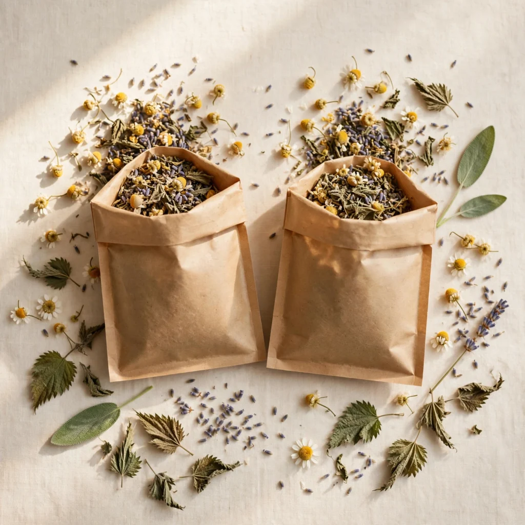 Two kraft pouches of herbal tea with dried flowers