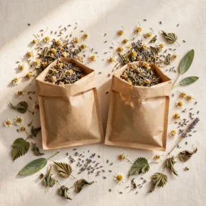 Two kraft pouches of herbal tea with dried flowers