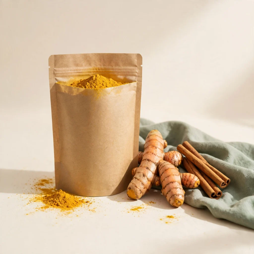 Kraft pouch of turmeric latte blend with turmeric root and cinnamon